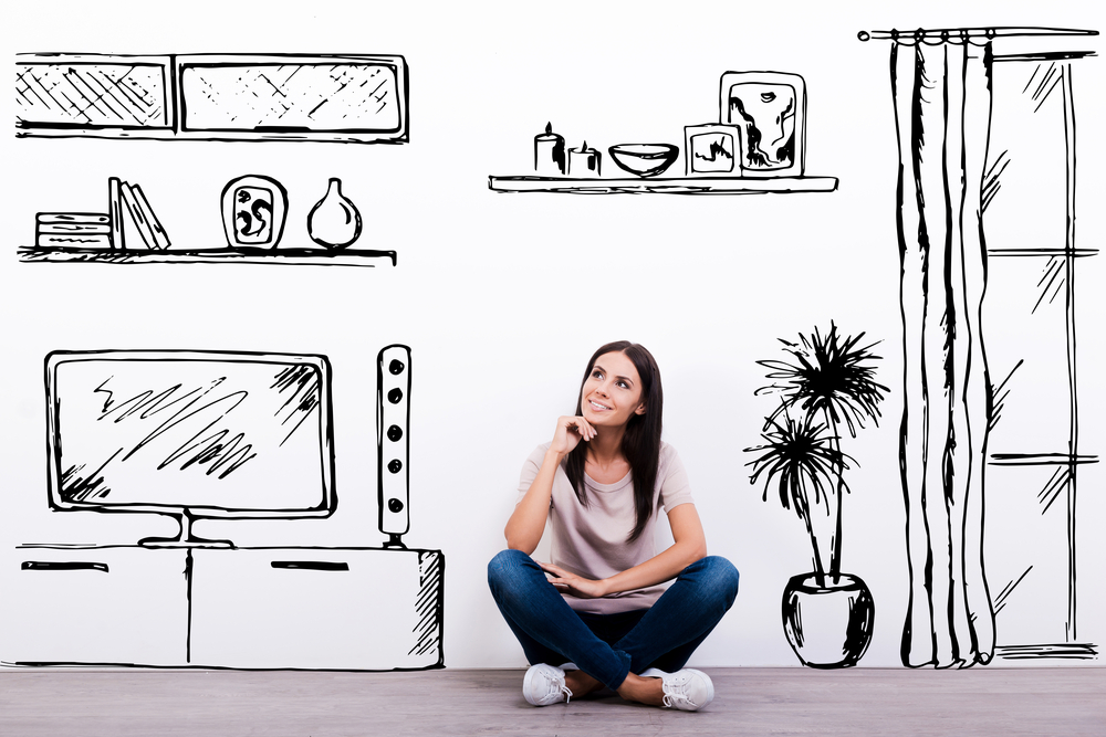 girl sitting in illustrated living room
